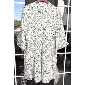 Tuckernuck Lapis Iris Royal Shirt Dress Size XXL Blue Floral Green Leaves Pocket